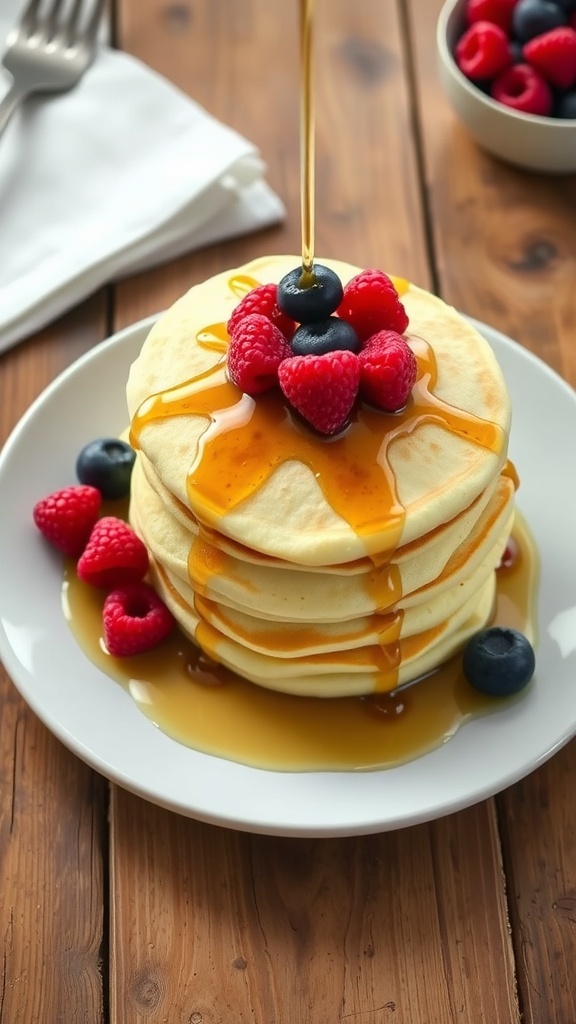 Fluffy Cottage Cheese Pancakes for One Fluffy cottage cheese pancakes topped with maple syrup and fresh berries on a white plate.